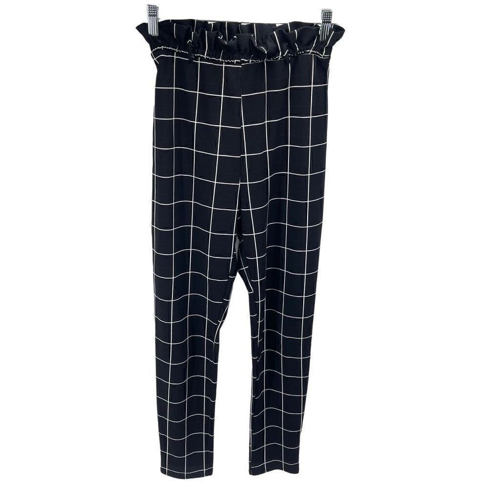 Day & Night paper bag waist Pull On Pants Windowpane Stretch Black White Small